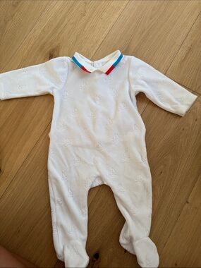 Jacadi White Embossed Sail Footed One-Piece with Blue and Red Trim